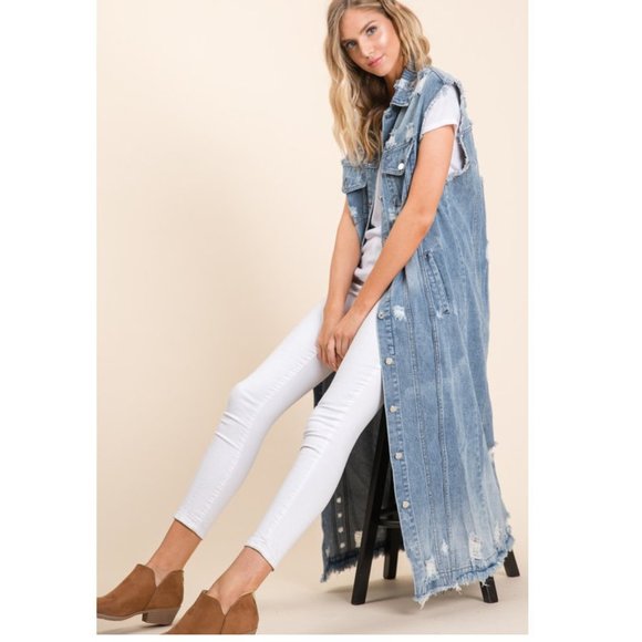 Plus Distressed Long Maxi Denim Vest Jean Jacket - Picture 2 of 7
